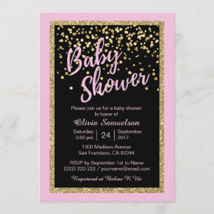 Custom Trendy Pink Black Gold Glitter Baby Shower Invitation