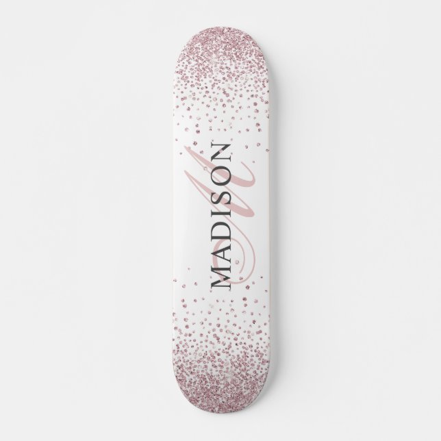 Custom Trendy Rose Gold Glitter Monogram  Skateboard (Front)
