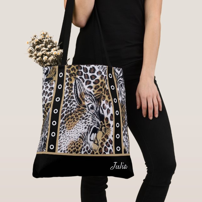 Custom Trendy Stylish Brown Black White Leopard Tote Bag (Close Up)