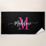 Custom Trendy Stylish Monogram Name Script Pink Beach Towel<br><div class="desc">Modern, trendy and stylish beach towel with your custom name and initial in a chic script calligraphy design with swirl flourishes (be sure to keep emoticons or spaces next to full name in place for swirls to remain). This is the hot cool pink and black version. Easy to customize size...</div>