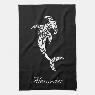Custom Tribal Hammerhead Shark Illustration Kitchen Towel