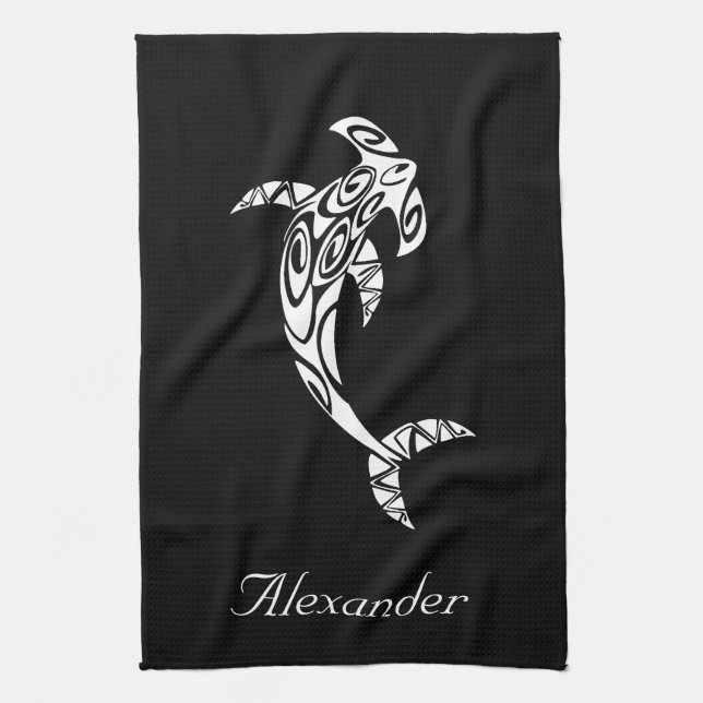 Custom Tribal Hammerhead Shark Illustration Kitchen Towel (Vertical)