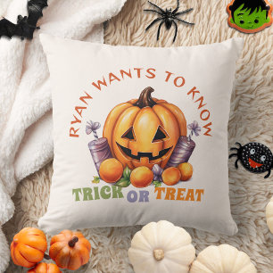 Custom Trick or Treat Fun Pumpkin Halloween Treats Throw Pillow