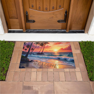 Custom Tropical Beach Sunset   Coastal Art Doormat