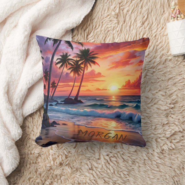 Custom Tropical Beach Sunset | Coastal Art Throw Pillow (Blanket)