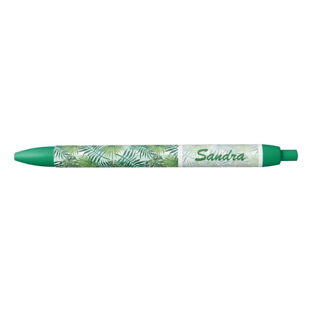 Custom Tropical Hawaiian Green Palm Leafs Pattern Black Ink Pen (Front)