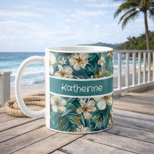 Custom Tropical Hibiscus Floral Teal Coffee Mug