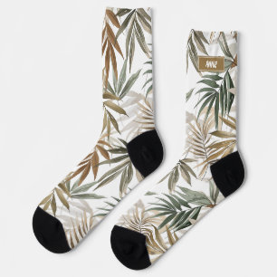 Custom Tropical Leaf Golden Charcoal Name Design  Socks