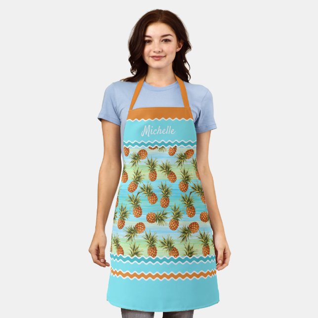 Custom Tropical Orange Pineapple Turquoise Stripes Apron (Worn)