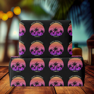 Custom Tropical Palm Tree Chic Pink Black Birthday Wrapping Paper