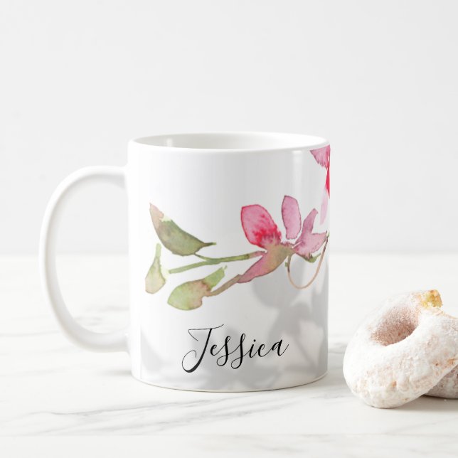 Custom Tropical Pink Orchid Floral Shadow  Coffee Mug (With Donut)