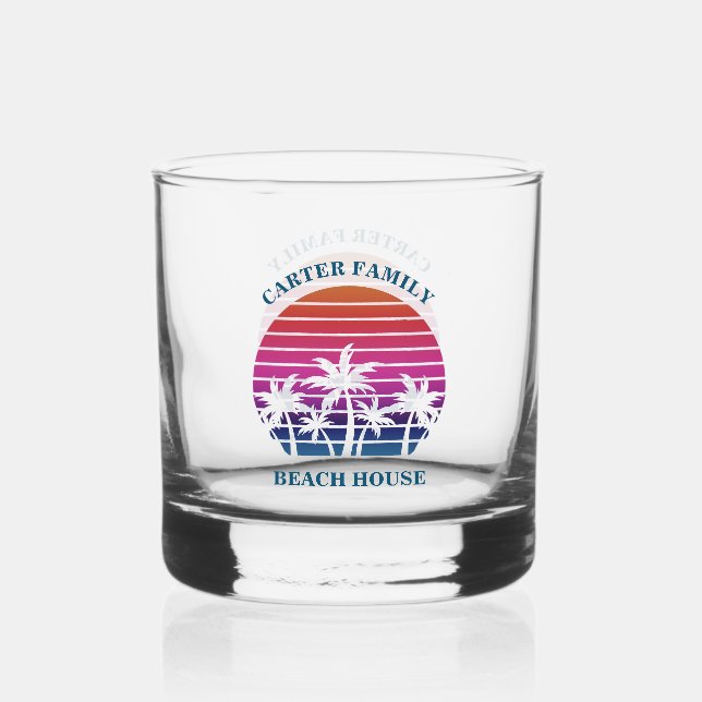 Custom Tropical Sunset Palm Tree Beach House Whiskey Glass (Front)
