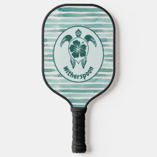 Custom Tropical Turtle and Hibiscus Floral Striped Pickleball Paddle
