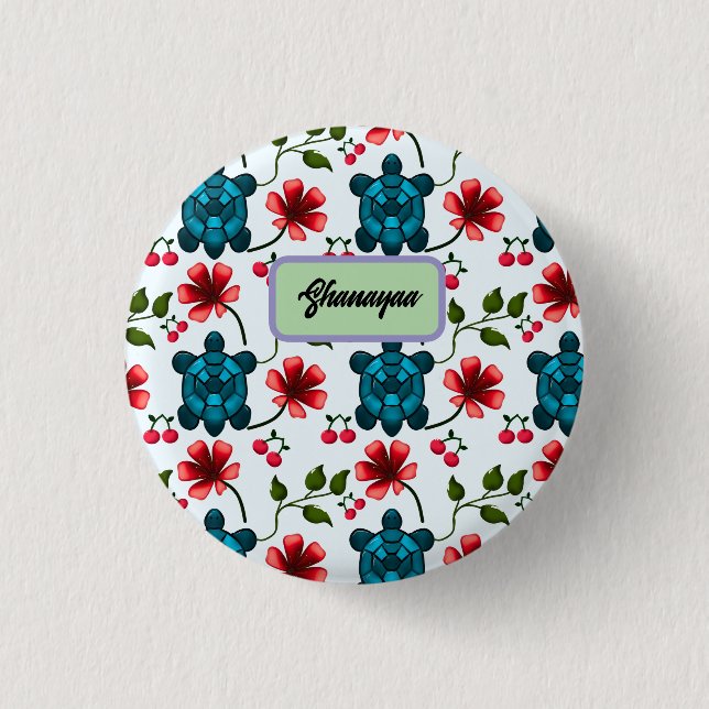 Custom Tropical Turtle Cherry Floral Pattern  1 Inch Round Button (Front)