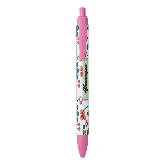 Custom Tropical Turtle Cherry Floral Pattern  Black Ink Pen (Back (Vertical))