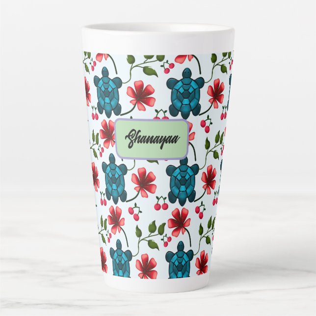 Custom Tropical Turtle Cherry Floral Pattern  Latte Mug (Front)