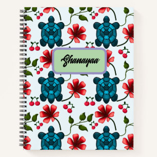 Custom Tropical Turtle Cherry Floral Pattern Notebook