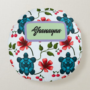 Custom Tropical Turtle Cherry Floral Pattern Round Pillow