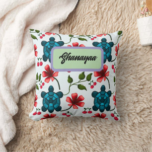 Custom Tropical Turtle Cherry Floral Pattern Throw Pillow