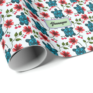 Custom Tropical Turtle Cherry Floral Pattern Wrapping Paper