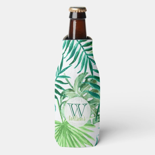 Custom, turquoise and green tropical palm leaves: bottle cooler (Bottle Front)
