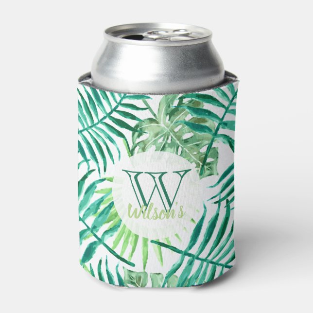 Custom, turquoise and green tropical palm leaves: can cooler (Can Front)