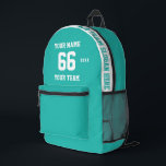 Custom turquoise blue Name, Number, Team Sport Printed Backpack<br><div class="desc">Create your own custom turquoise light blue Sport Football Style Printed Backpack with Name, Number, Team Name, Slogan and Year. Personalize this simple classic Printed Backpack template with your custom message, name, team name and year. Easily personalize it for a cool sport keepsake. Create your unique personalized gift for coach,...</div>