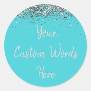 Custom Turquoise Blue Silver Birthday Party Favour Classic Round Sticker