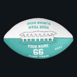 Custom turquoise Football with Name, Number, Team<br><div class="desc">Create your own custom white turquoise blue Football with Name, Number, Team Name, Slogan and Year. Personalize this simple classic football template with your custom message, name, team name and year. Easily personalize it for a cool sport keepsake. Create your unique personalized gift for coach, boy's birthday, football player, teammates...</div>