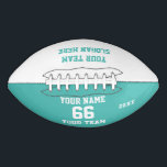 Custom turquoise Football with Name, Number, Team<br><div class="desc">Create your own custom white turquoise blue Football with Name, Number, Team Name, Slogan and Year. Personalize this simple classic football template with your custom message, name, team name and year. Easily personalize it for a cool sport keepsake. Create your unique personalized gift for coach, boy's birthday, football player, teammates...</div>