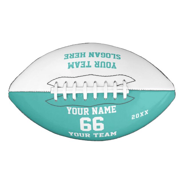 Custom turquoise Football with Name, Number, Team (Front)