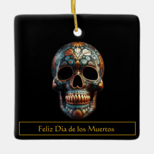 Custom Turquoise Gold Día de los Muertos Skull Ceramic Ornament