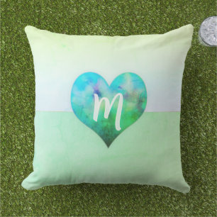 Custom Turquoise Heart Modern Coastal Monogram Outdoor Pillow