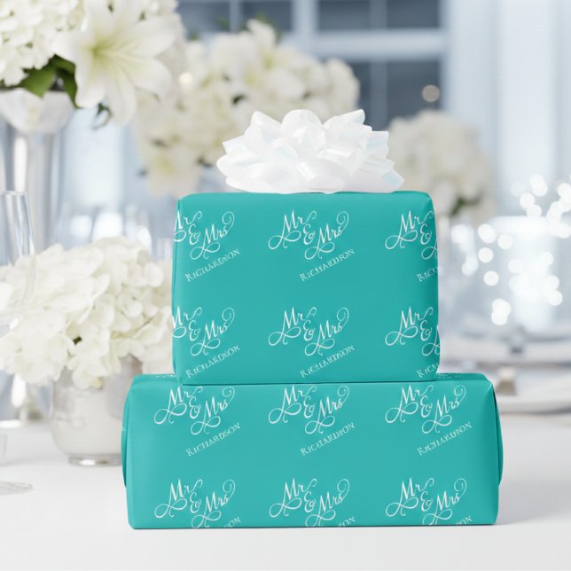 Custom Turquoise Mr and Mrs Wrapping Paper (elegant mr and mrs birds egg blue turquoise wedding wrapping paper)