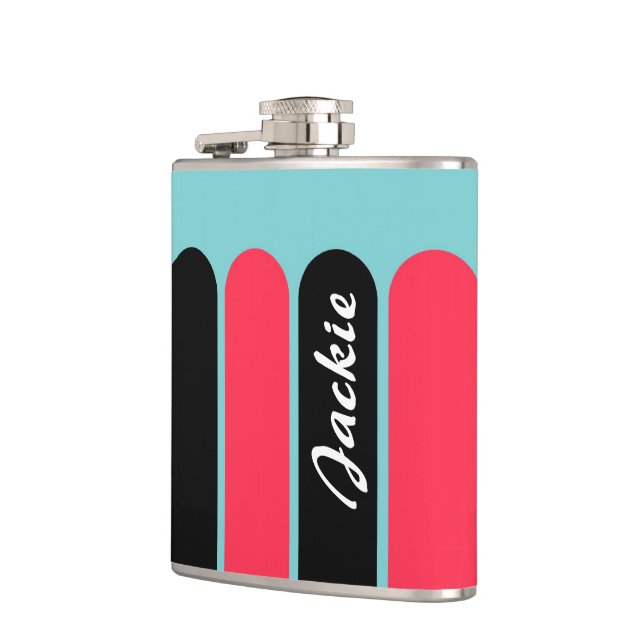 Custom Turquoise Red and Black Stripes Hip Flask (Left)