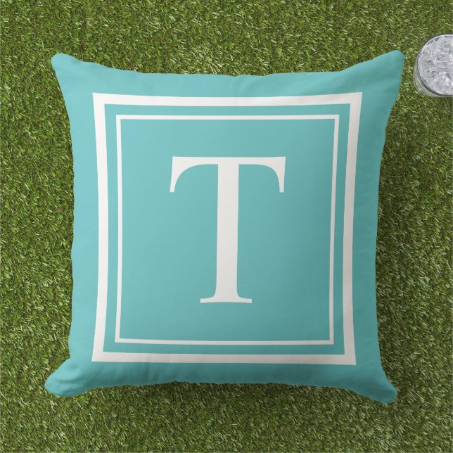 Custom Turquoise Square Monogram Initial Letter Outdoor Pillow (Grass)