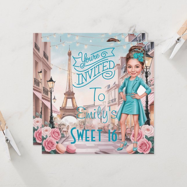 Custom Turquoise Sweet 16 in Paris Invitation (Front/Back In Situ)