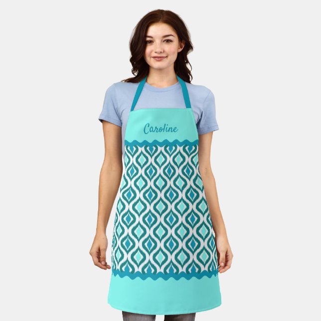 Custom Turquoise Teal Blue Green Ogee Pattern Apron (Worn)
