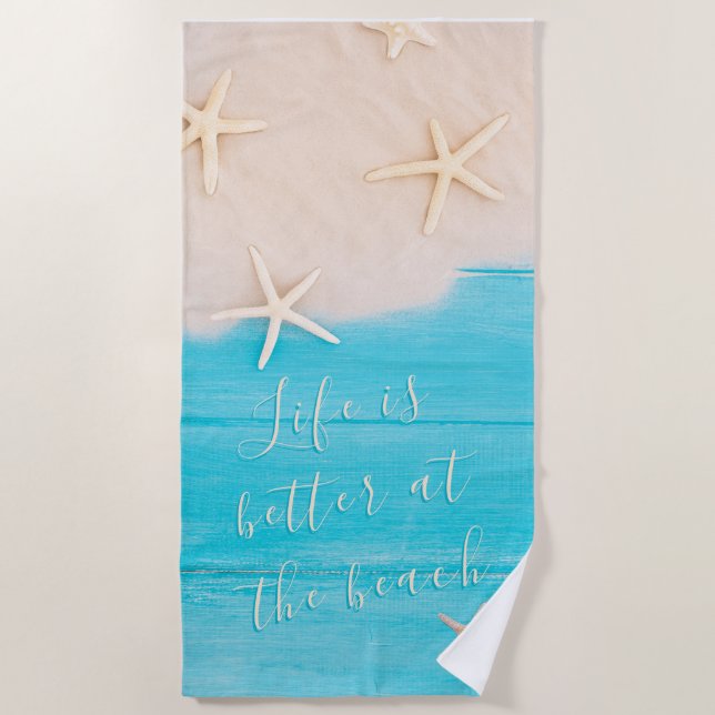 Custom Turquoise Wood with Starfish Summer Beach Towel (Front)