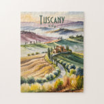 Custom Tuscany Watercolor Rolling Hills Landscape Jigsaw Puzzle<br><div class="desc">Personalized custom text available. Golden Tuscany rolling hills bathed in warm light stretch toward distant lavender-tinted ridges. Cypress-lined roads curve past a rustic villa nestled amidst sunlit fields and vineyards, evoking the serene charm of the Italian countryside in watercolor tones. In this landscape, a quiet road winds through Tuscany’s sun-kissed...</div>