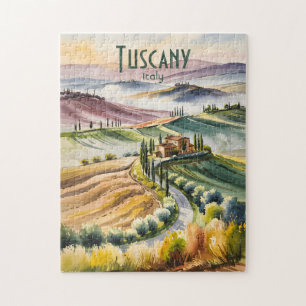 Custom Tuscany Watercolor Rolling Hills Landscape Jigsaw Puzzle