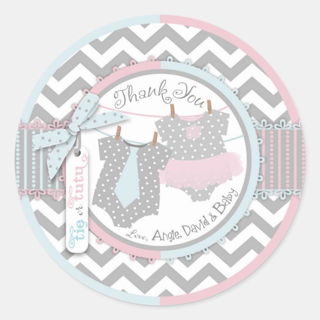 Custom Tutu & Tie Gender Unknown Baby Shower Classic Round Sticker (Front)