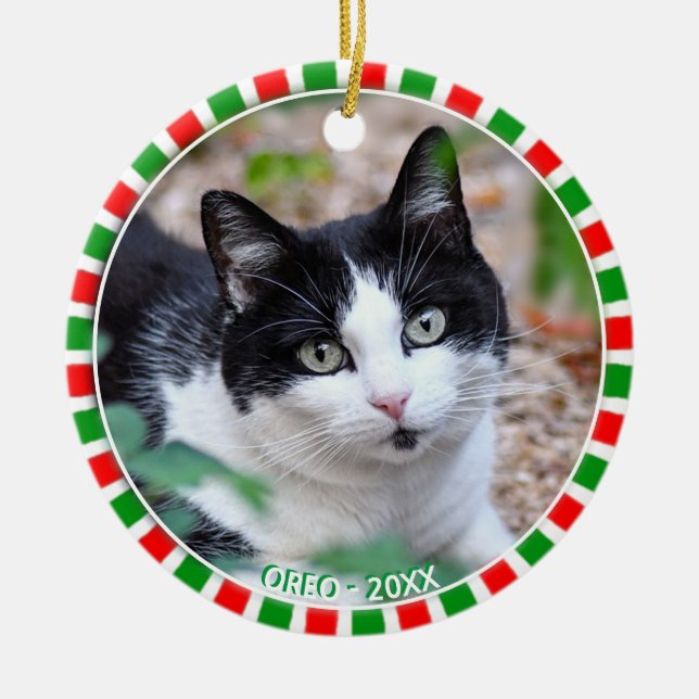 Custom tuxedo cat photo and green red frame ceramic ornament (Front)