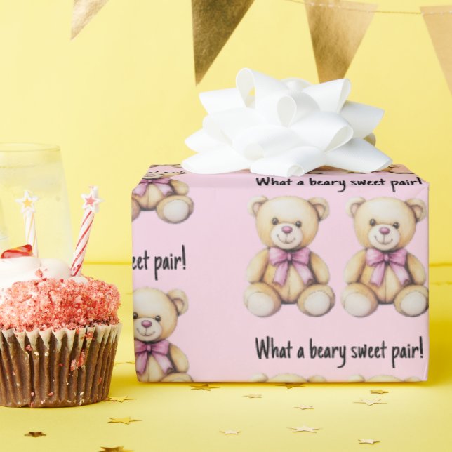 Custom Twin Girls Baby Shower, Cute Teddy Bears  Wrapping Paper (Birthday Party)