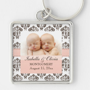 Custom Twins Damask Photo Keychain Pink and Brown