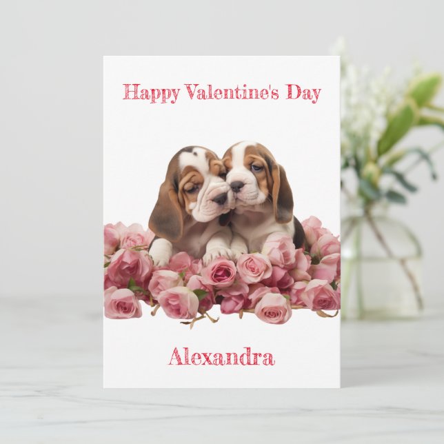 Custom Two Basset Hound Puppies Valentine Holiday Card (Standing Front)