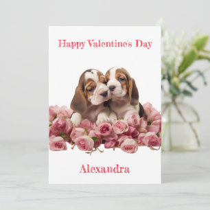 Custom Two Basset Hound Puppies Valentine Holiday Card
