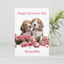 Custom Two Beagles with Pink Rose Valentine