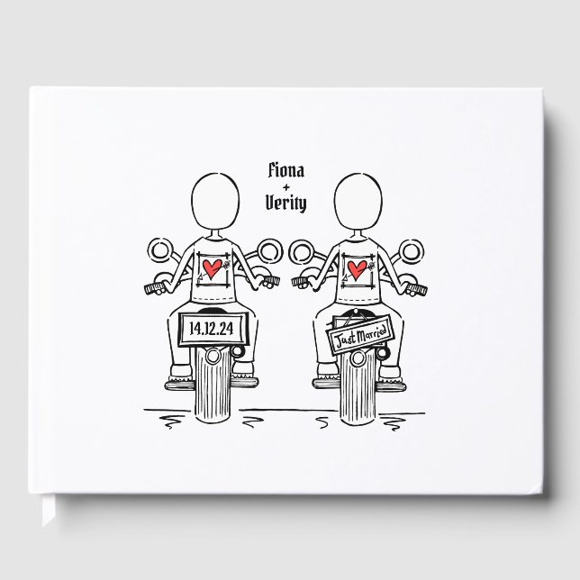 Custom Two Brides Biker Motorcycle Evening Wedding Guest Book (Front)