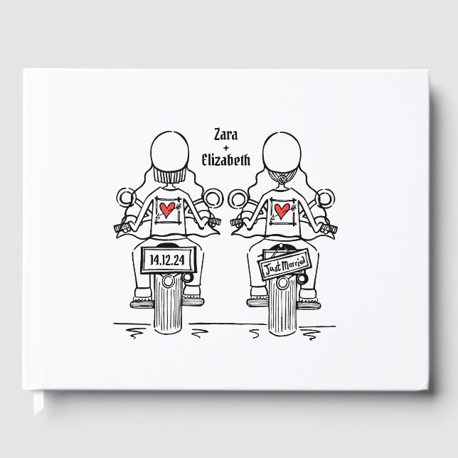 Custom Two Brides Biker Motorcycle Evening Wedding Guest Book (Front)